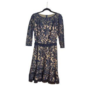 Tadashi Shoji Navy & Beige Lace Dress 3/4 Sleeves Size 8 Elegant Design Polyeste